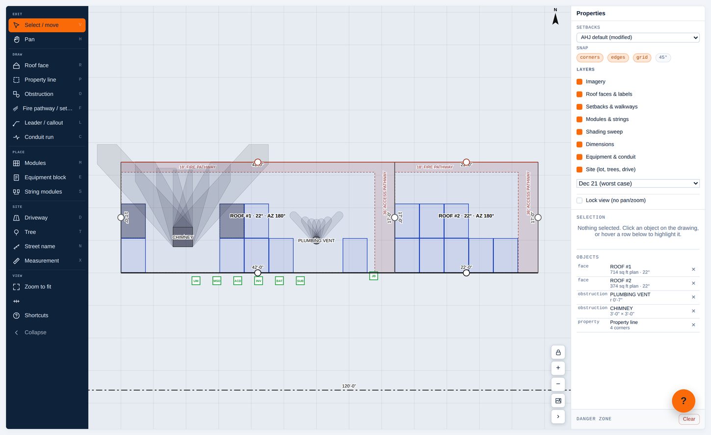 The design canvas with shade on each module