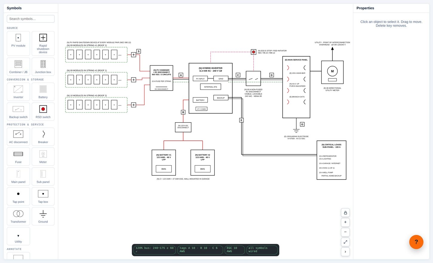 The Ballast electrical design canvas with a symbol library, a solar and battery line diagram with three strings, two batteries and a critical loads panel, and live code checks along the bottom