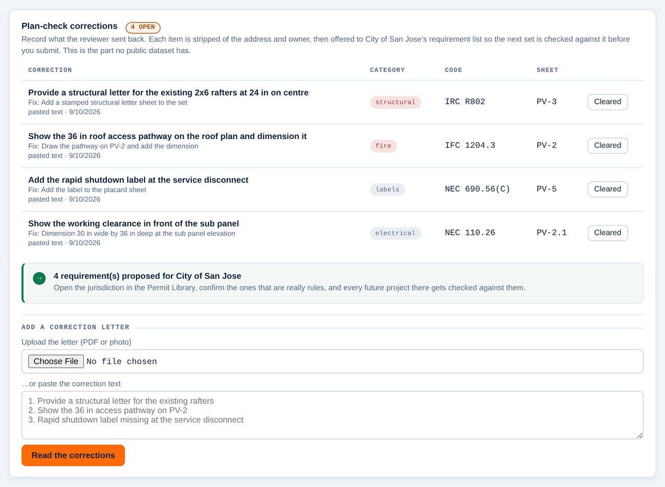 A list of four plan-check corrections with category, code article and sheet number, each marked cleared or open