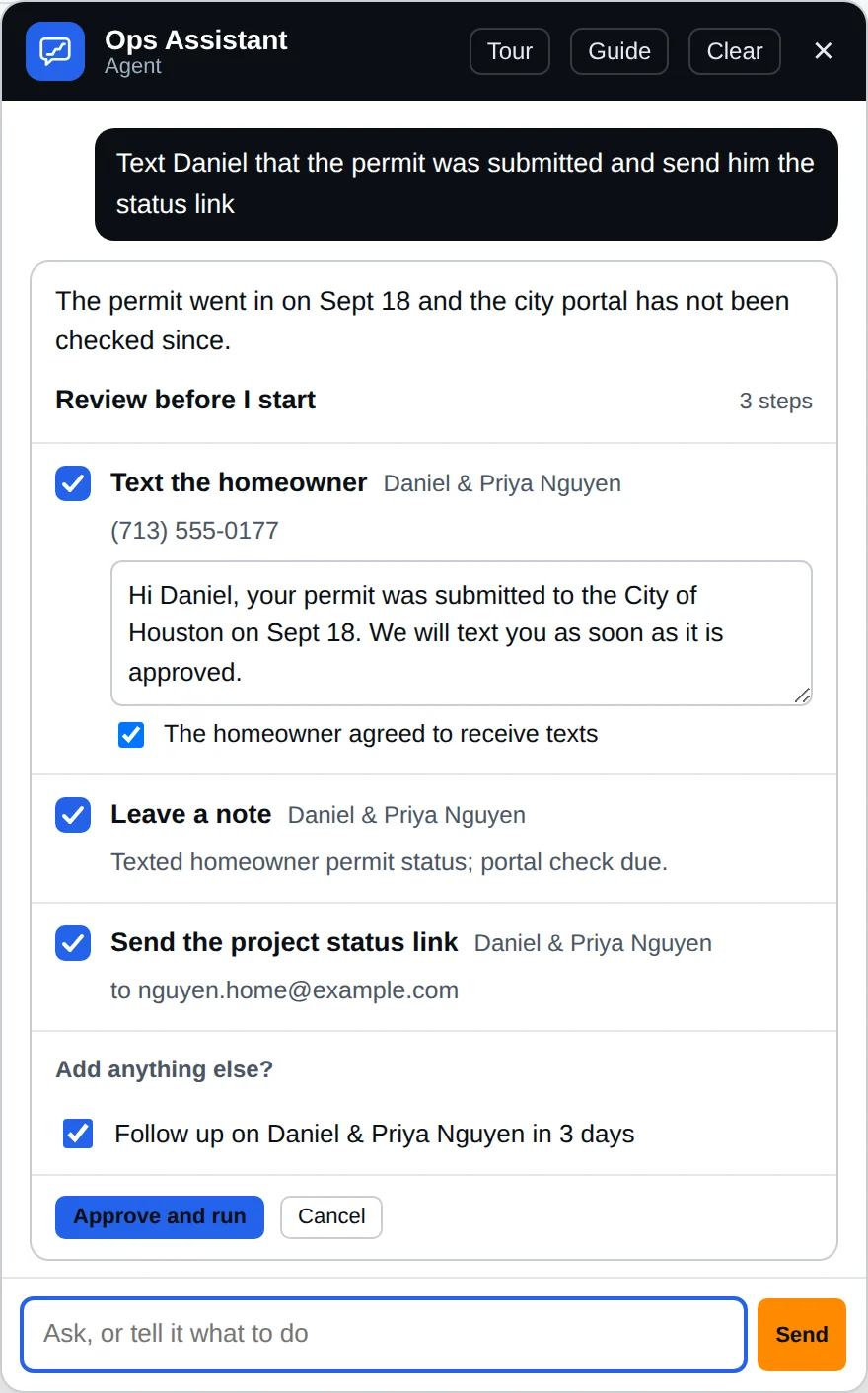 The Solar Agent showing three planned steps with checkboxes, waiting for approval