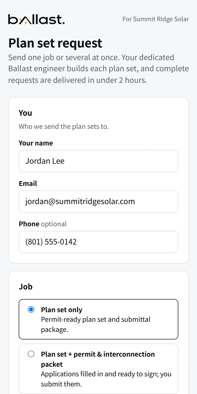 Request form: your name, email and the service you need